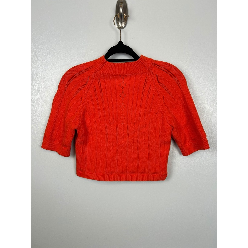 Free People Large Cropped Knit Sweater Orange Mock Neck Cutout Back‎ 3/4 Sleeve